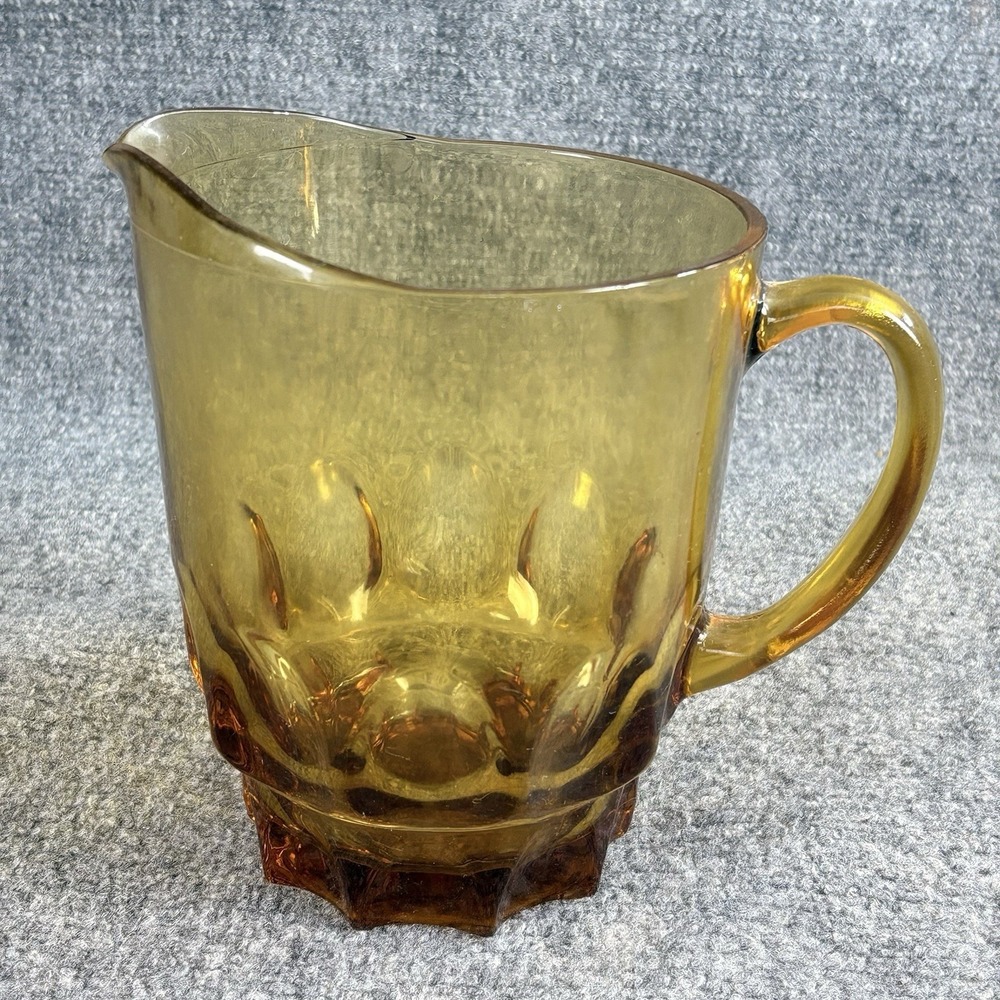 VTG Amber Glass Thumbprint Pitcher Retro MCM Barware Serveware 1.4 Qt 7" USA‎